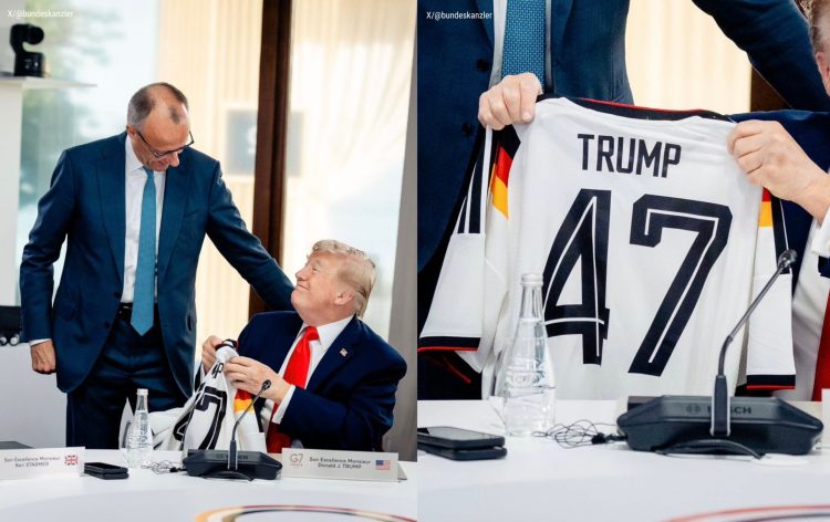 Collage der G7-Übergabe mit Donald Trump und dem Deutschland-Trikot mit Trump 47.