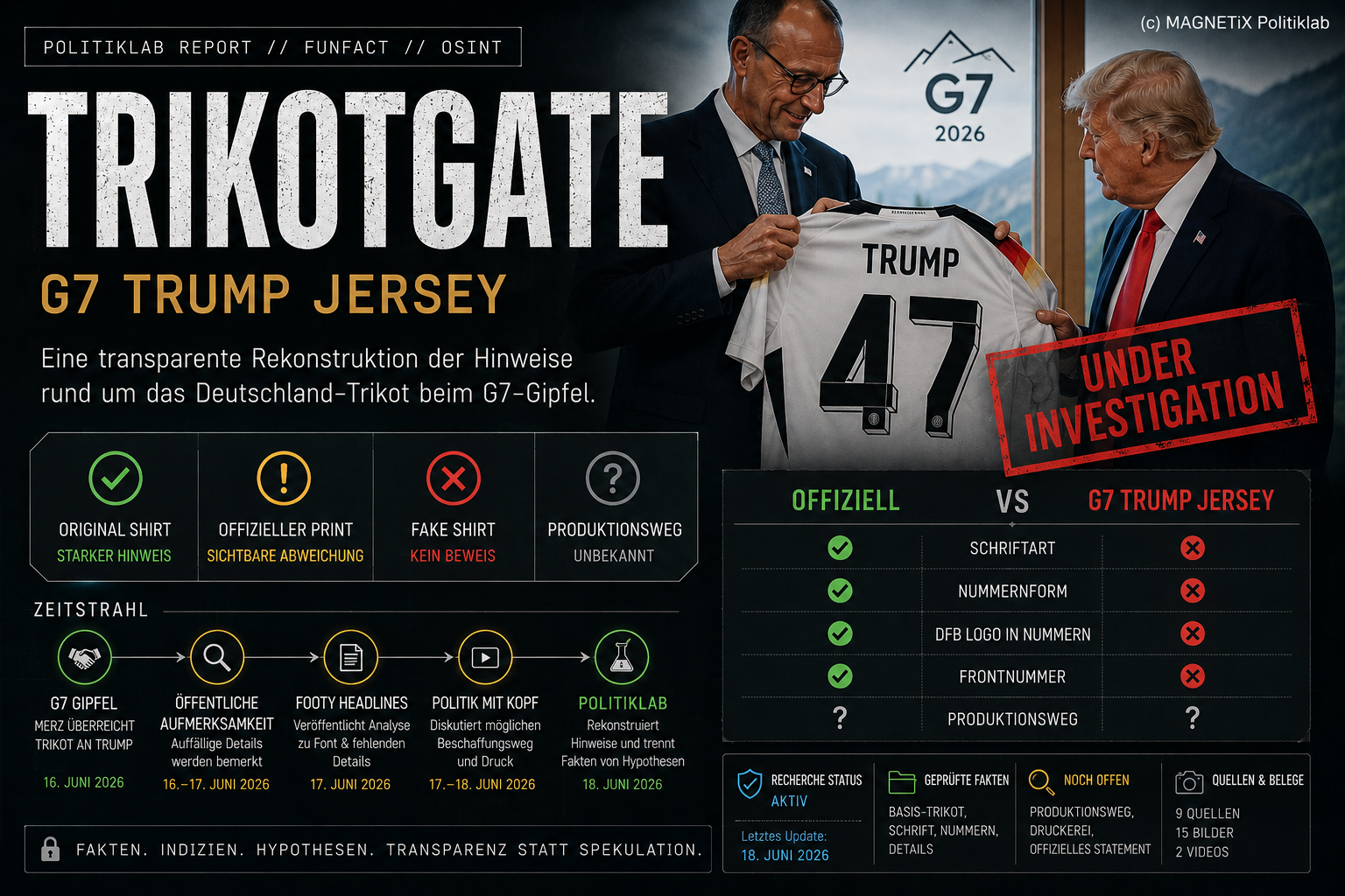 Trikotgate Hero mit Trump-Trikot, Vergleichsgrafik und DFB-Referenzdetails.